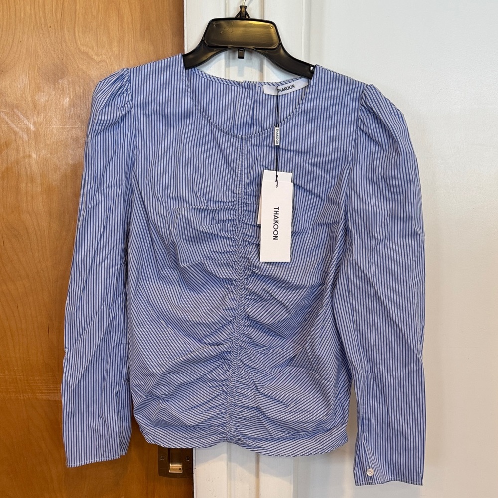 Thakoon Ruched Blue and White Striped Blouse